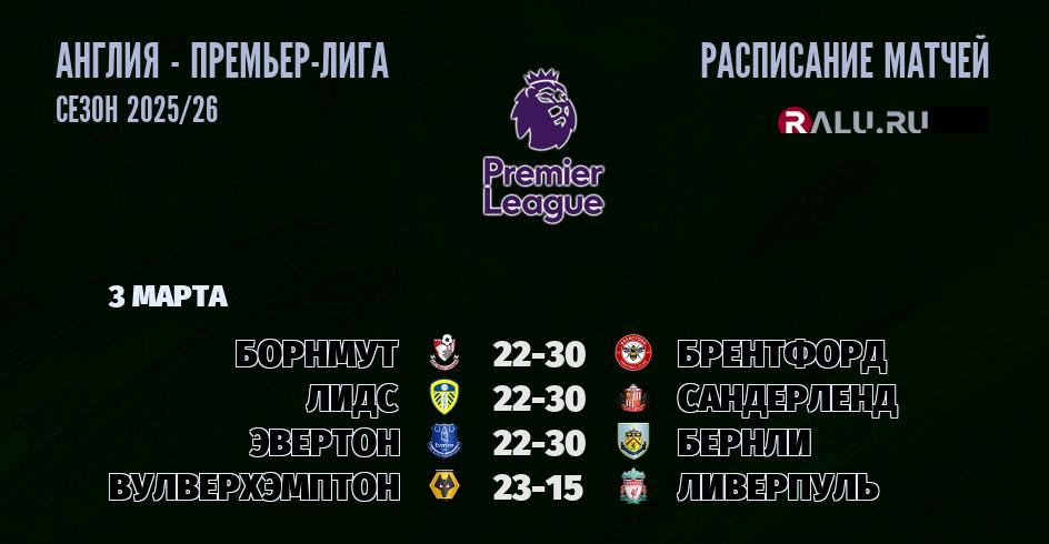 Ближайшие матчи чемпионата Премьер лиги Англии