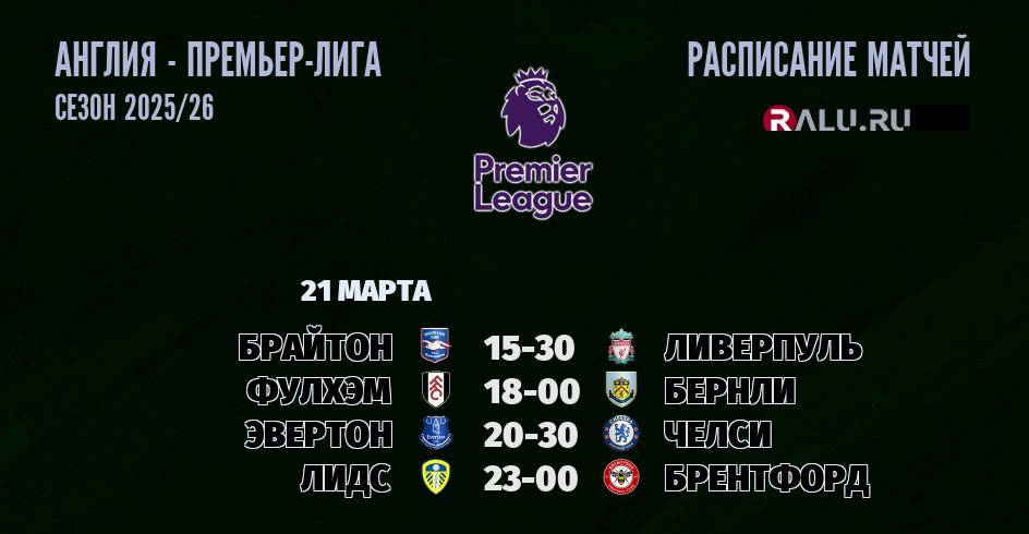 Ближайшие матчи чемпионата Премьер лиги Англии