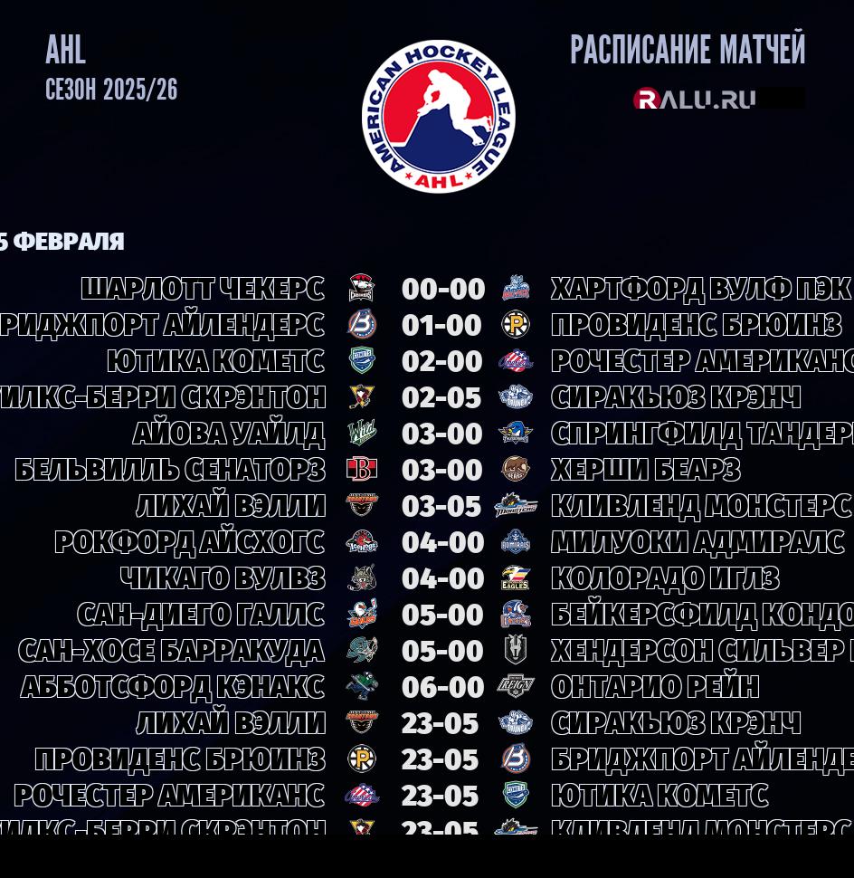 Ближайшие матчи чемпионата чемпионата AHL