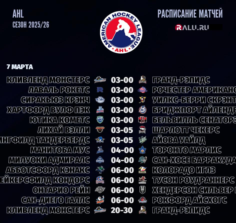 Ближайшие матчи чемпионата чемпионата AHL